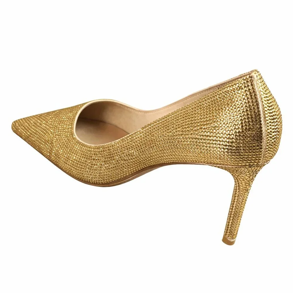 Jeffrey Campbell Nikia Gold Rhinestone Crystal Pointed Toe Stiletto Heels Size 7